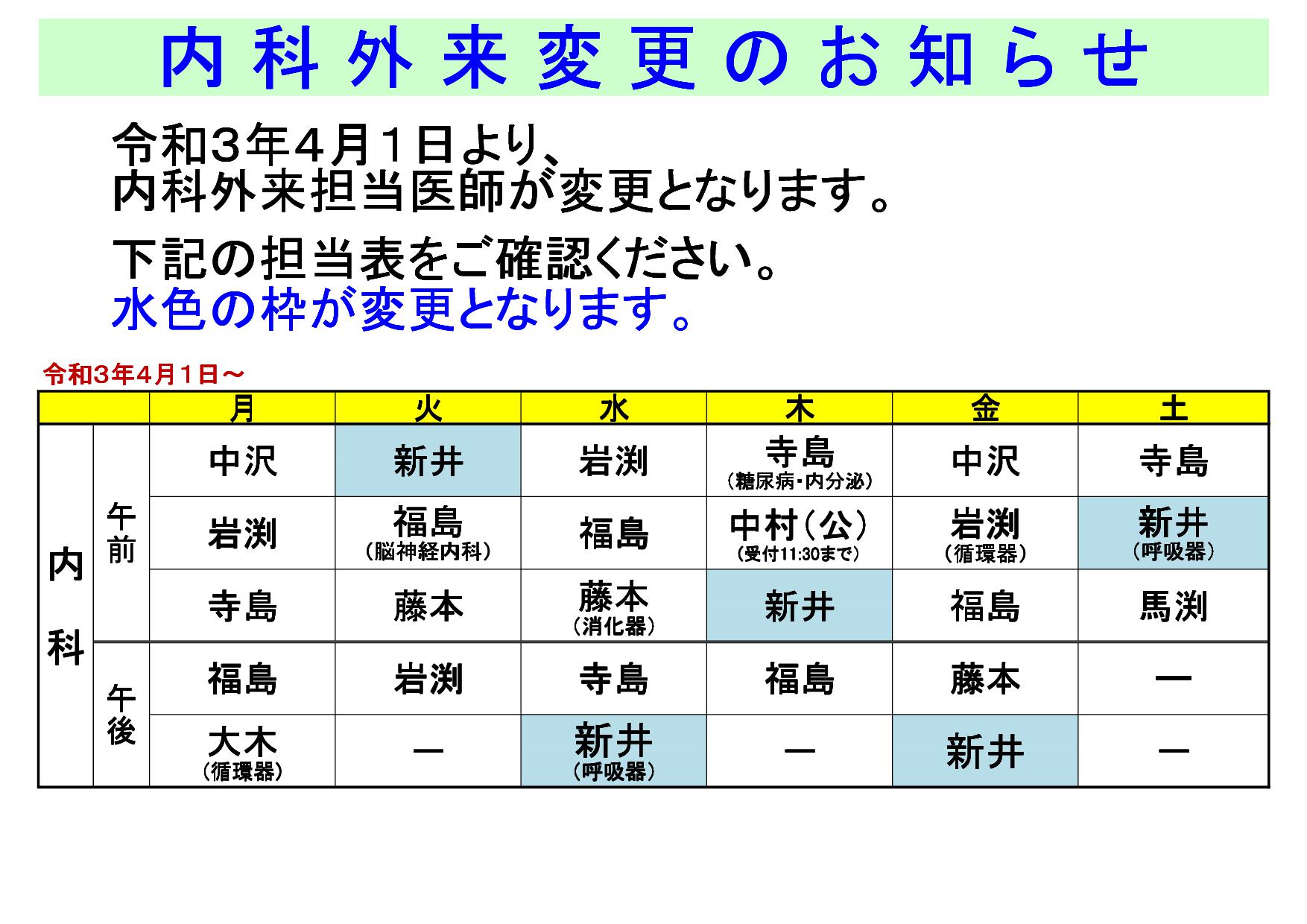 令和３年４月１日より、内科外来担当医師が変更となります。